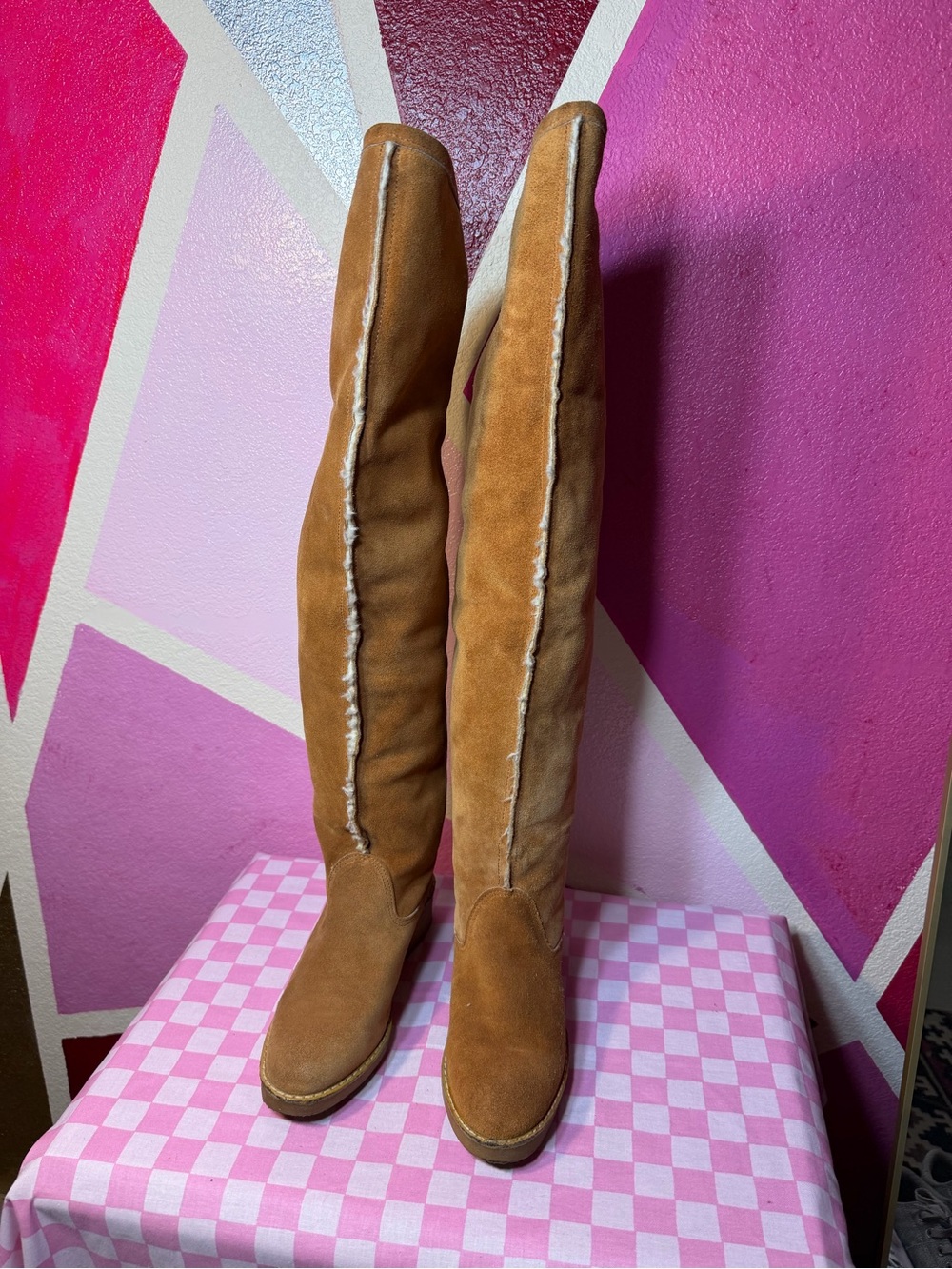 Camel Suede Over-The-Knee Boots Shearling Trim Made in Italy Sz 8.5